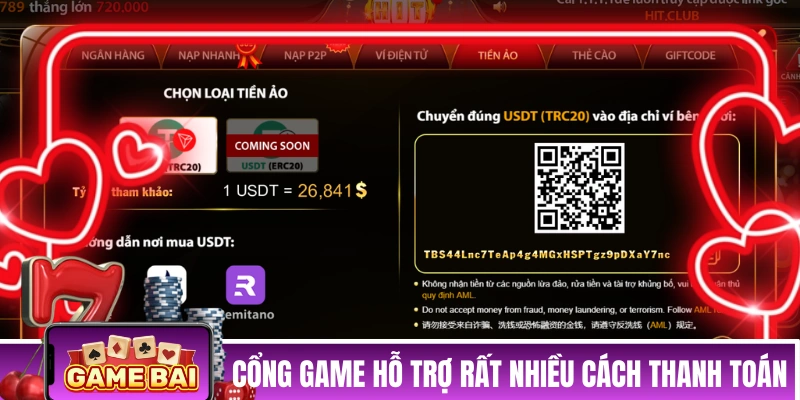 Cổng game hỗ trợ rất nhiều cách thanh toán